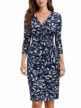 Ralph Lauren Faux Wrap Ruched Stretch Dress Abstract 3/4 Sleeve Blue White 8
